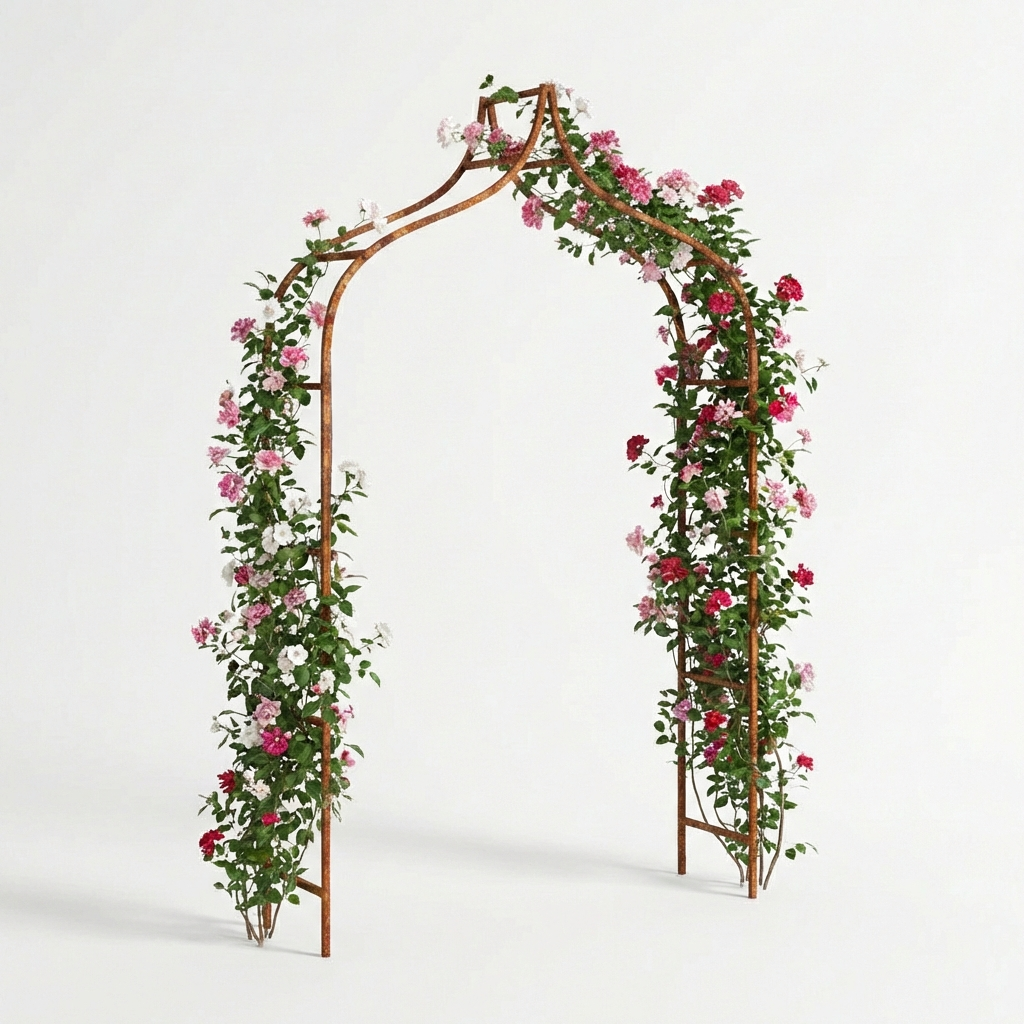 Eleganter Gartenbogen in natürlicher Rostoptik für strukturierte, blühende...