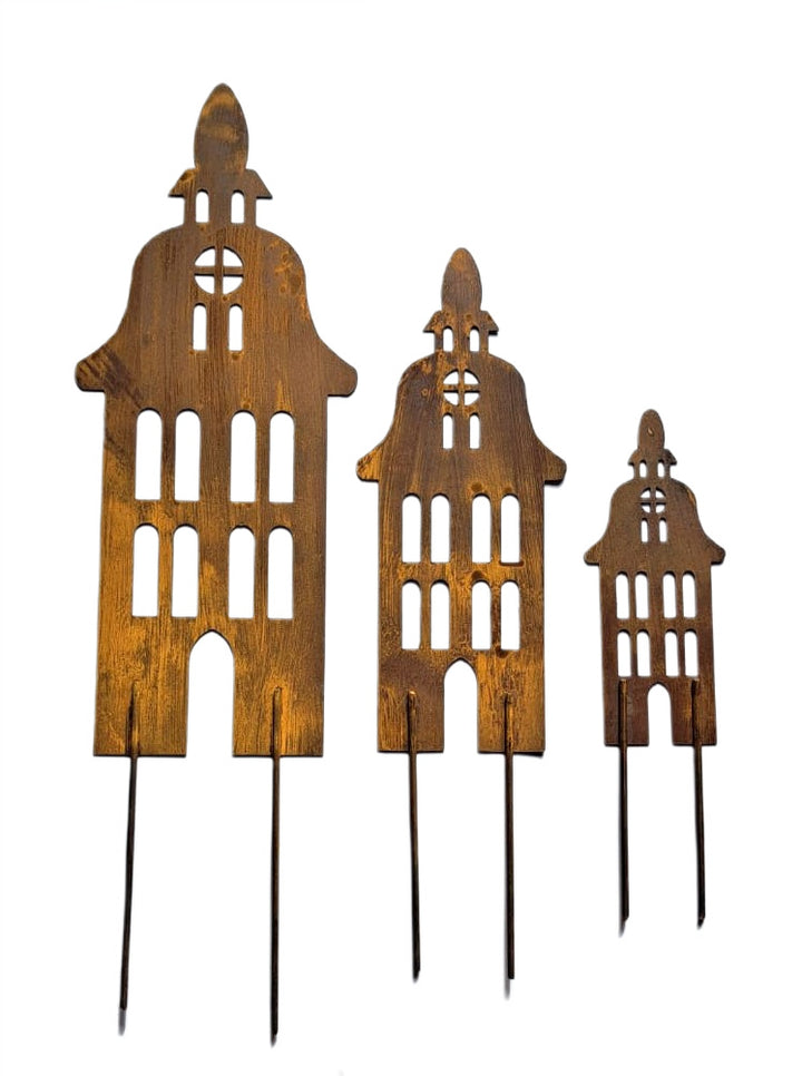 Set of Rusty Metal Garden Stakes - Houses