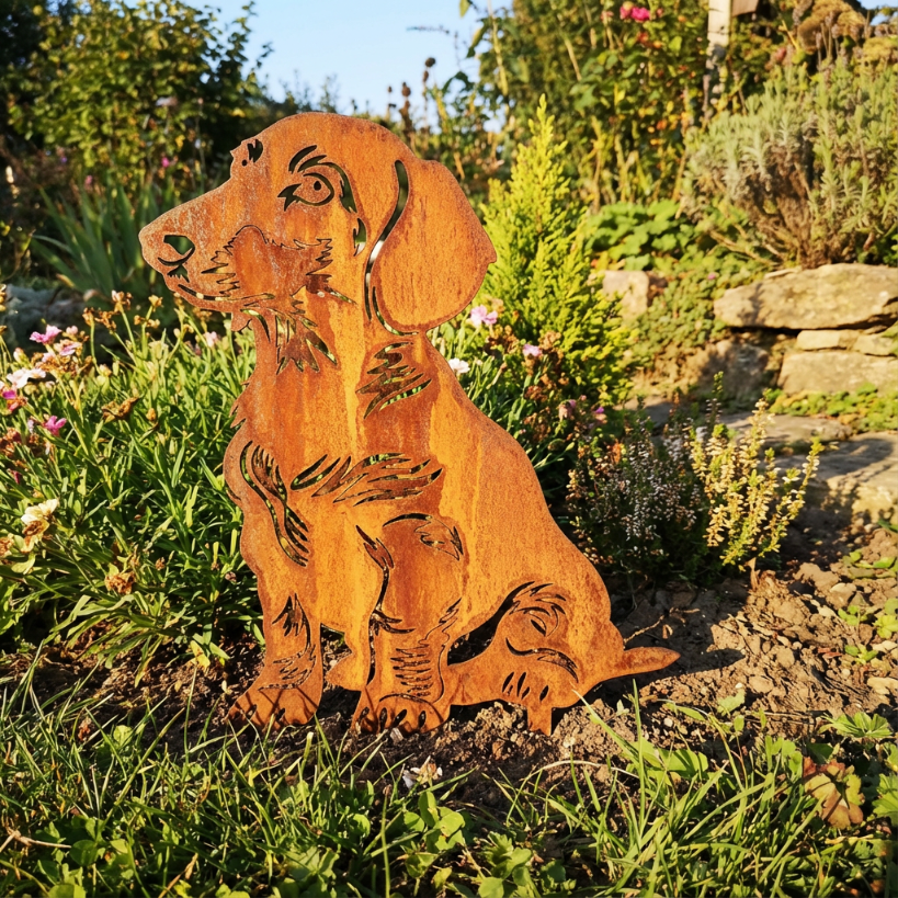 Edelrost Gartenstecker Dackel – Hundesilhouette aus Metall, 32 cm