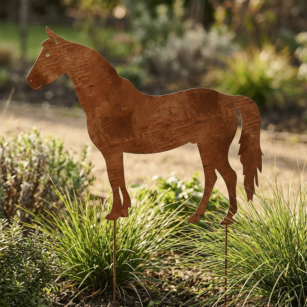 Großer Pferd Gartenstecker – Metallfigur in Rostoptik
