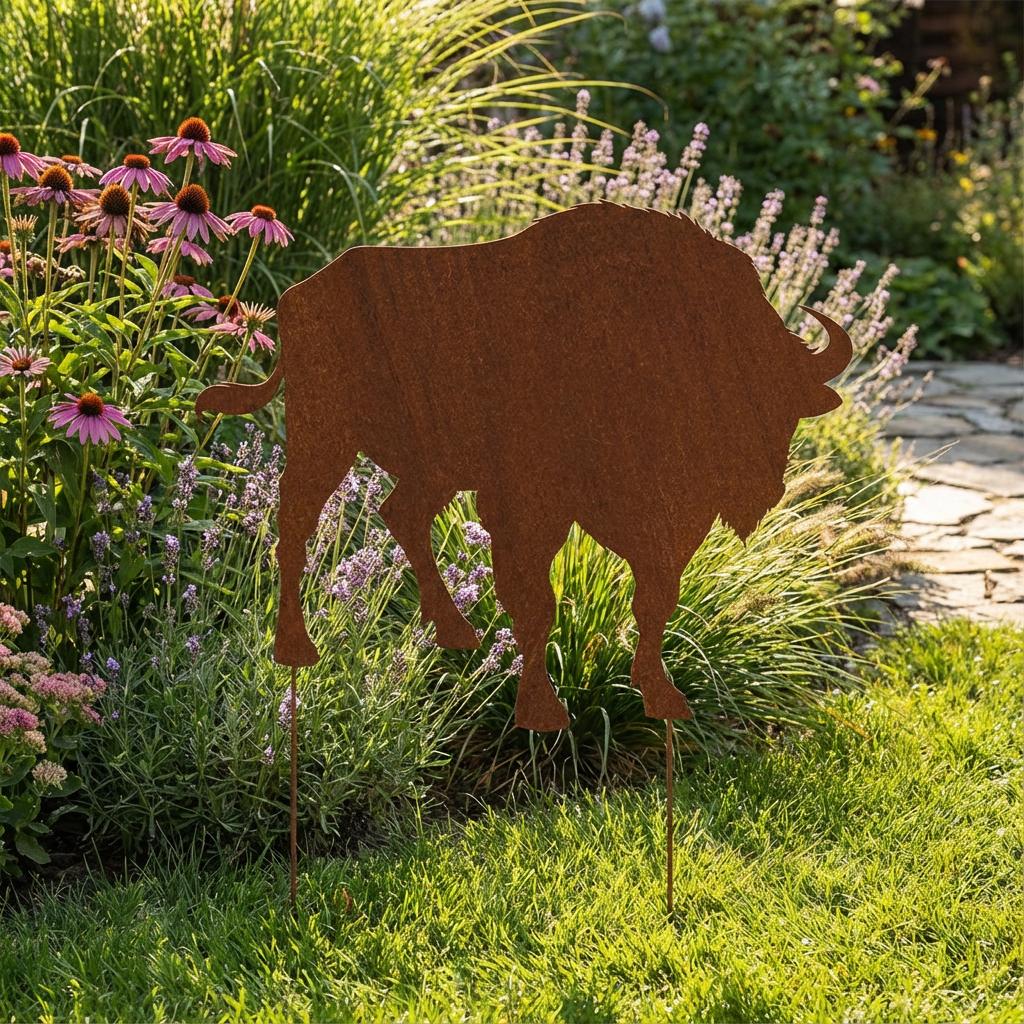 Gartenfigur Wisent aus Metall – Gartenfigur in natürlicher Rostoptik