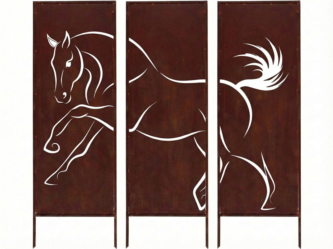 3er-Set Sichtschutz Gartenpaneel Metall – Motiv Pferd, 160 × 50 cm