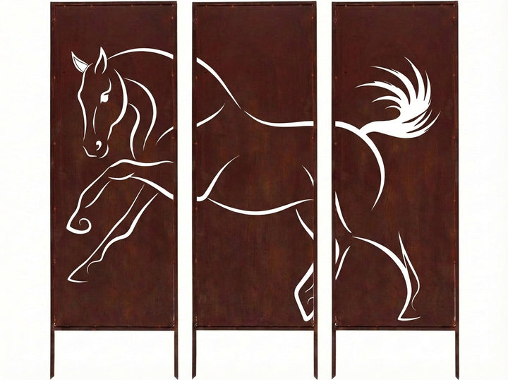 3er-Set Sichtschutz Gartenpaneel Metall – Motiv Pferd, 160 × 50 cm