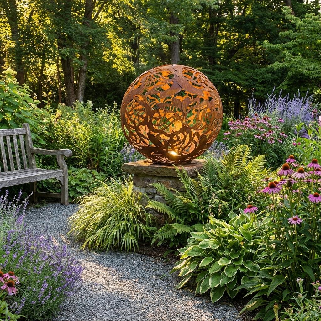 Gartenkugel "Rosenranke" – Rost-Deko aus Stahl mit Rosen-Ornament