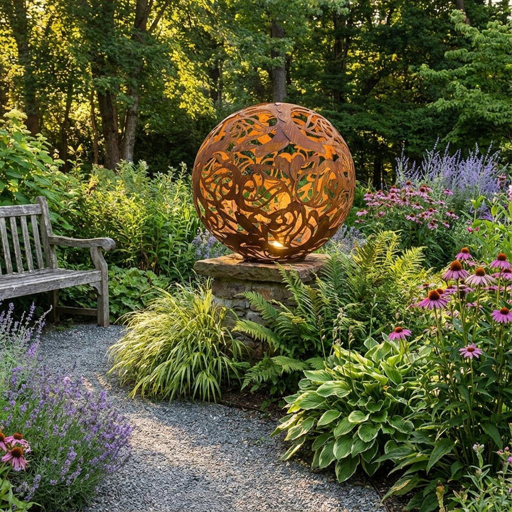 Gartenkugel "Rosenranke" – Rost-Deko aus Stahl mit Rosen-Ornament
