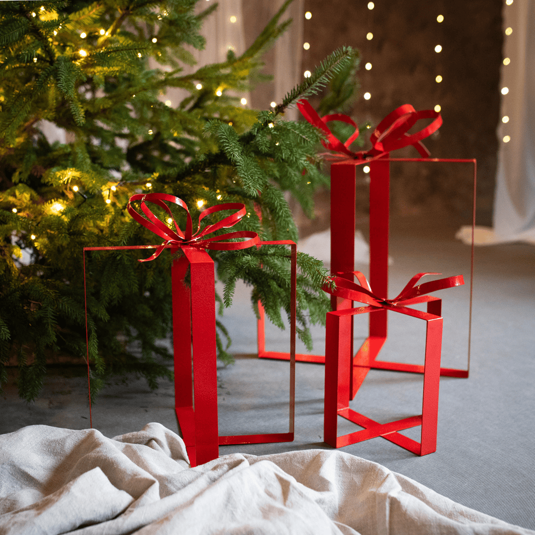 Weihnachtsdeko Outdoor – 3 Geschenkboxen aus Metall in Rot