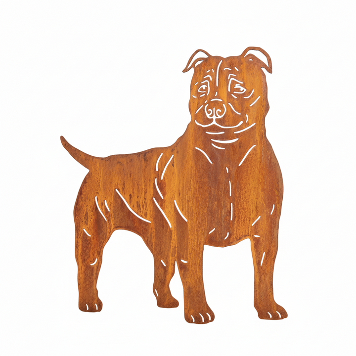 Edelrost Gartenstecker Amerikanischer Staffordshire Terrier – Hundesilhouette aus Metall, 38 cm