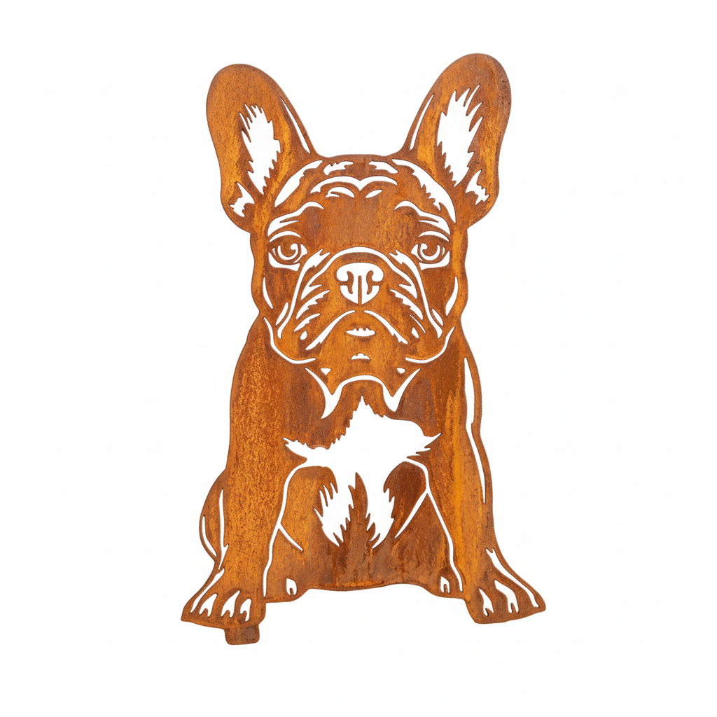 Edelrost Gartenstecker Französische Bulldogge – Hundesilhouette aus Metall, 28 cm