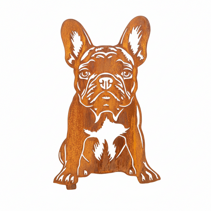 Edelrost Gartenstecker Französische Bulldogge – Hundesilhouette aus Metall, 28 cm