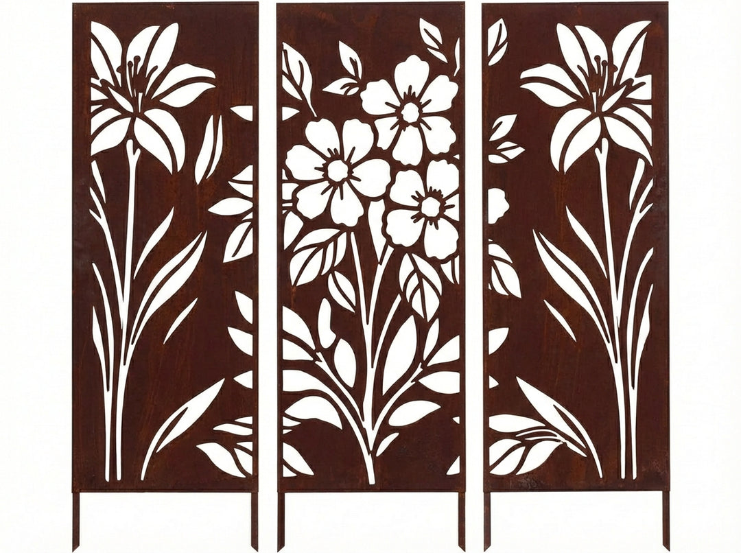 3er-Set Sichtschutz Gartenpaneel Metall – Motiv Blumen, 160 × 50 cm