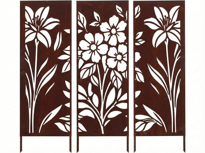 3er-Set Sichtschutz Gartenpaneel Metall – Motiv Blumen, 160 × 50 cm