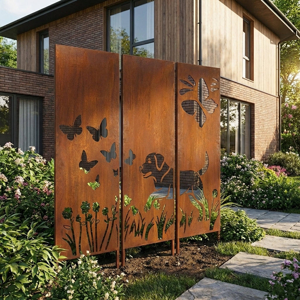 3er-Set Sichtschutz Gartenpaneel Metall – Motiv Hund, 160 × 50 cm