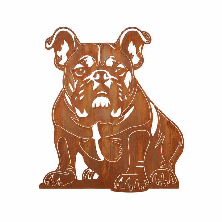 Edelrost Gartenstecker Amerikanische Bulldogge – Hundesilhouette aus Metall, 31 cm