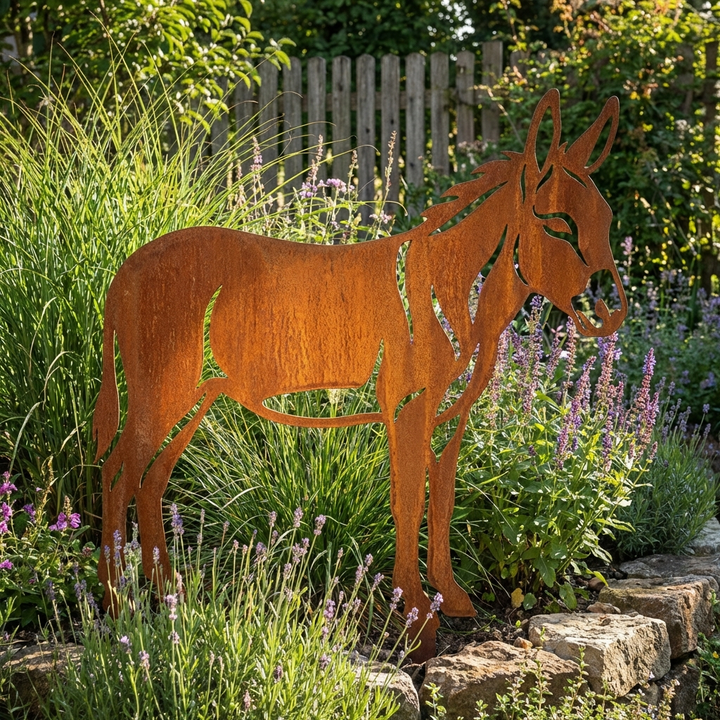 Edelrost Gartenfigur Esel – Metallfigur auf Einschlagbeinen, 58 cm