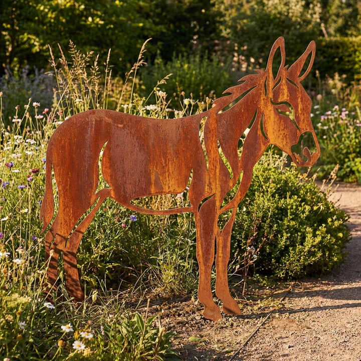 Edelrost Gartenfigur Esel – Metallfigur auf Einschlagbeinen, 58 cm