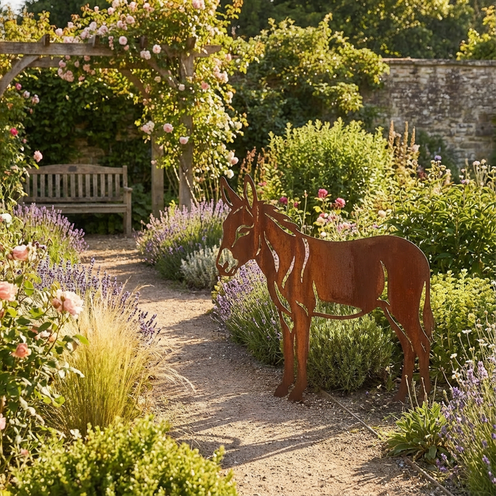 Edelrost Gartenfigur Esel – Metallfigur auf Einschlagbeinen, 58 cm