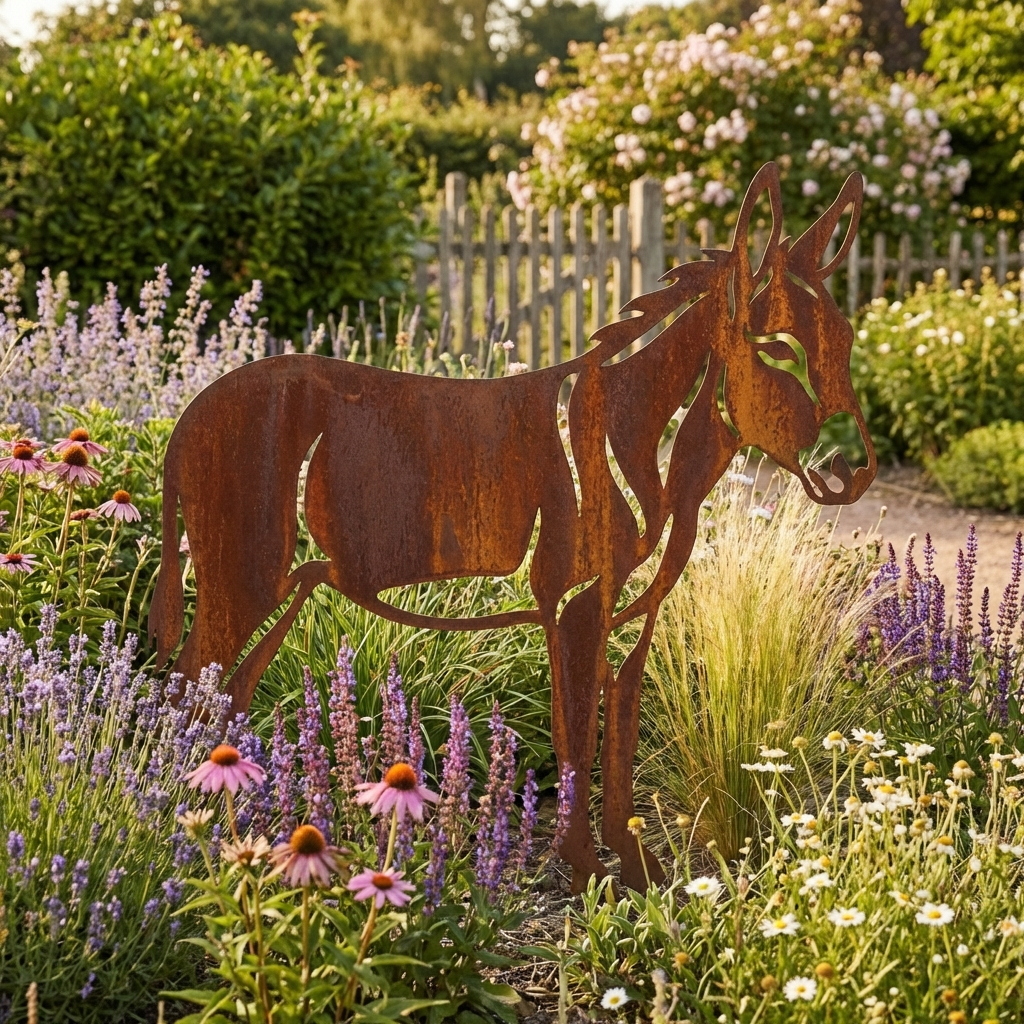 Edelrost Gartenfigur Esel – Metallfigur auf Einschlagbeinen, 58 cm