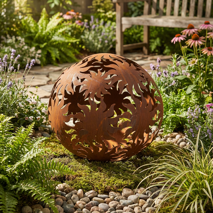 Gartenkugel "Sonne" – Rost-Deko aus Stahl mit Sonnenstrahl-Muster