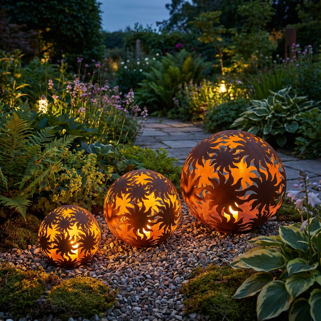 Gartenkugel "Sonne" – Rost-Deko aus Stahl mit Sonnenstrahl-Muster