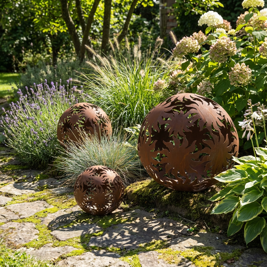 Gartenkugel "Sonne" – Rost-Deko aus Stahl mit Sonnenstrahl-Muster
