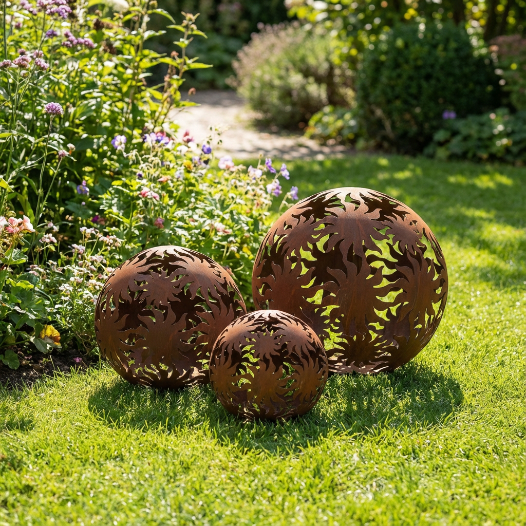 Gartenkugel "Sonne" – Rost-Deko aus Stahl mit Sonnenstrahl-Muster