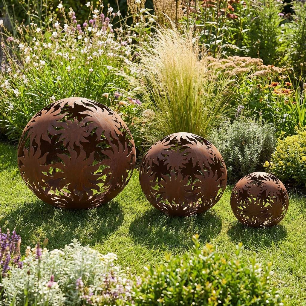 Gartenkugel "Sonne" – Rost-Deko aus Stahl mit Sonnenstrahl-Muster