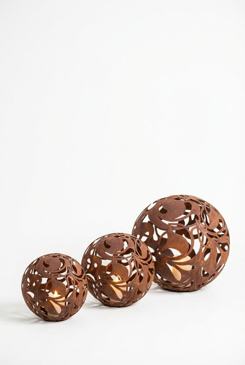 Gartenkugel "Florales Ornament" – Rost-Deko aus Stahl mit Blattmuster