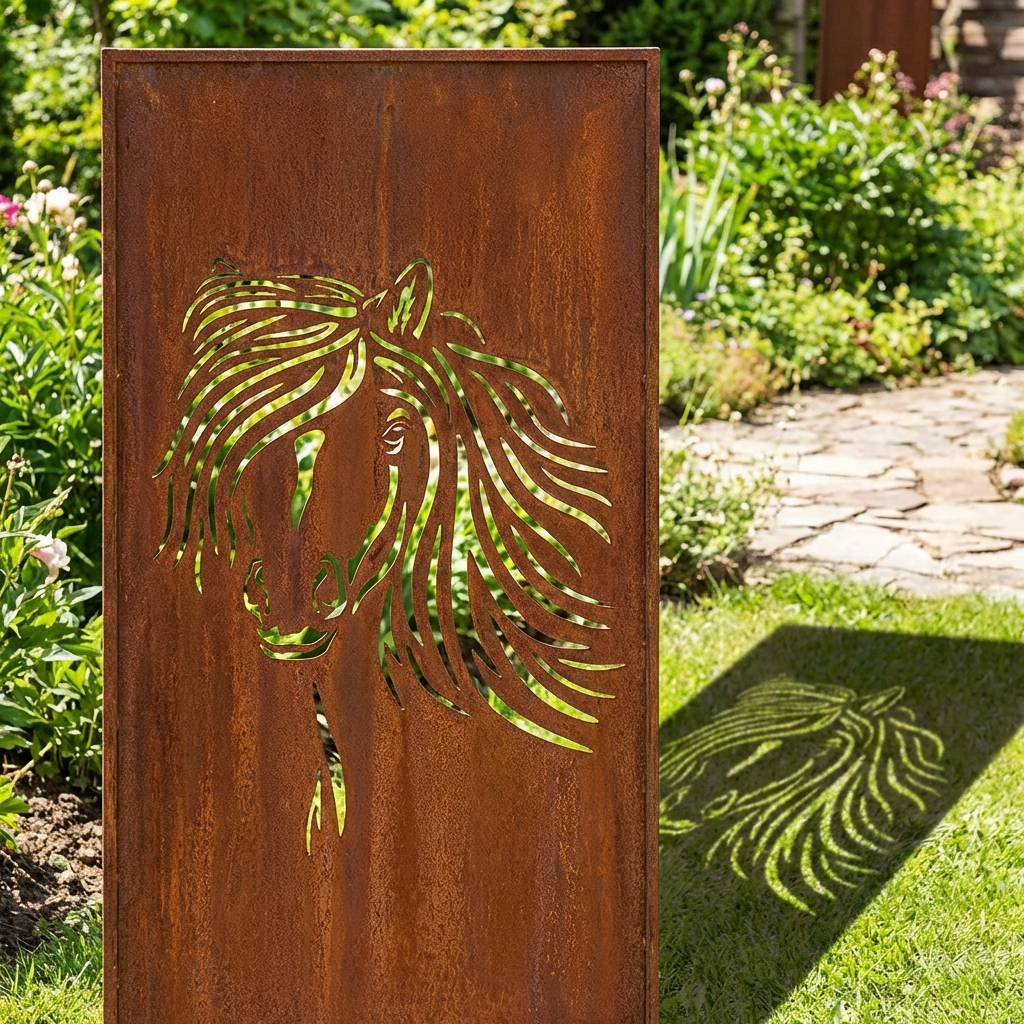 Sichtschutz Gartenpaneel Metall – Motiv Pferd, 160 × 50 cm