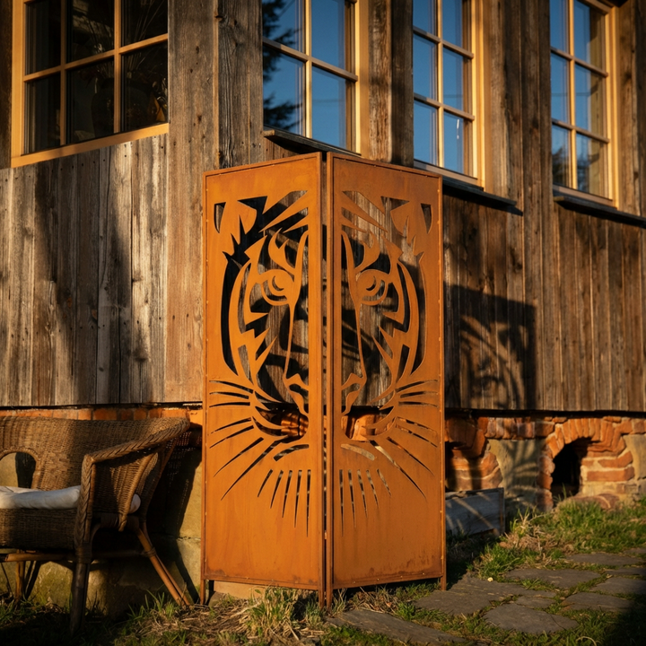 Sichtschutz Gartenpaneel Metall – Motiv Löwe, 160 × 50 cm