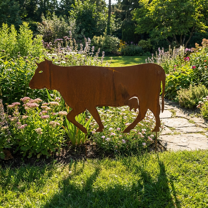 Gartenstecker Kuh aus Metall – Gartenfigur in natürlicher Rostoptik