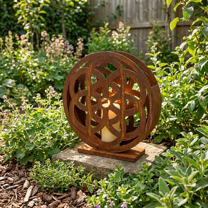 Metall Gartenlaterne Rosette – Ajour Dekoration und Kerzenhalter in Rostoptik