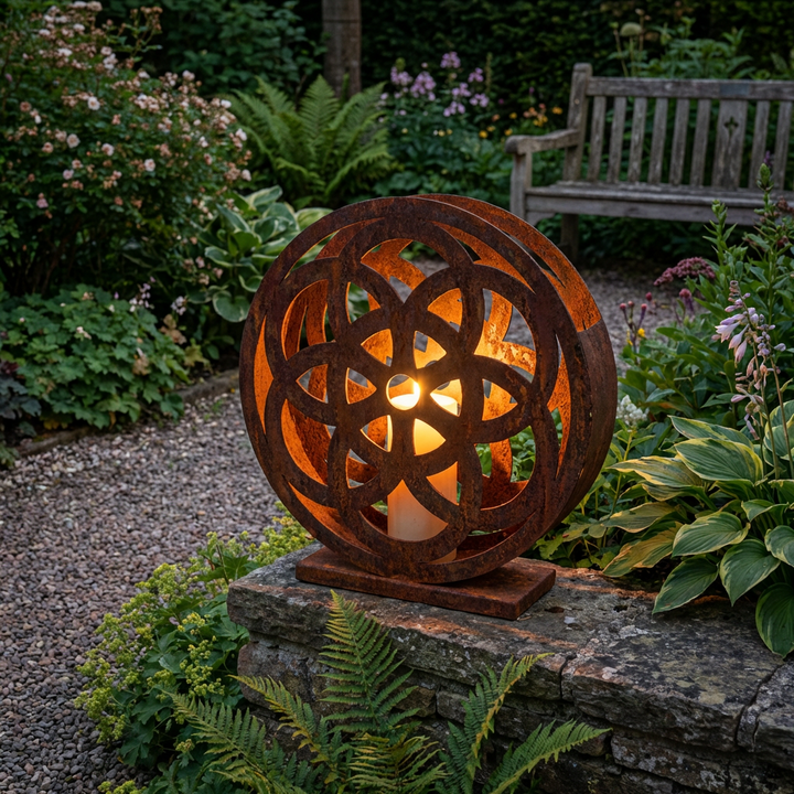 Metall Gartenlaterne Rosette – Ajour Dekoration und Kerzenhalter in Rostoptik