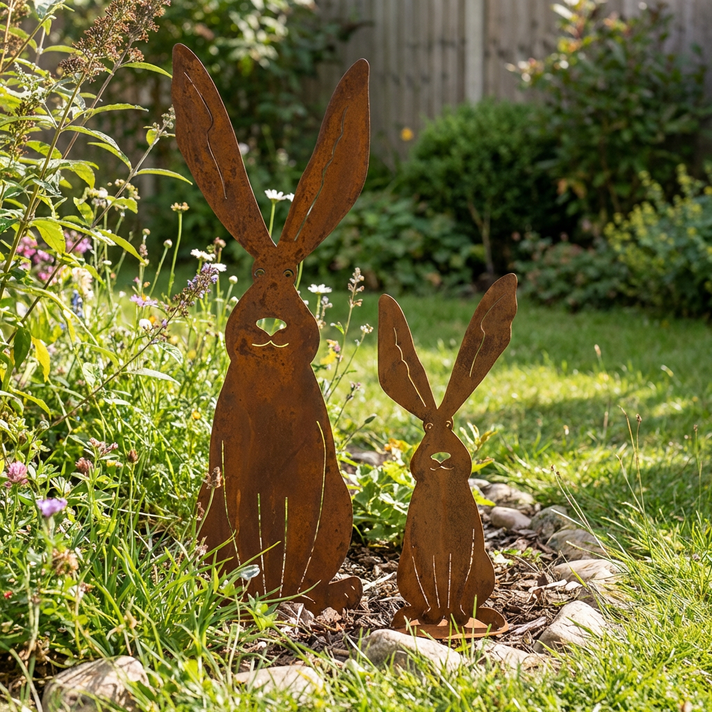 Osterhase aus Metall in Rostoptik – Rustikale Osterdekoration für Garten und Zuhause