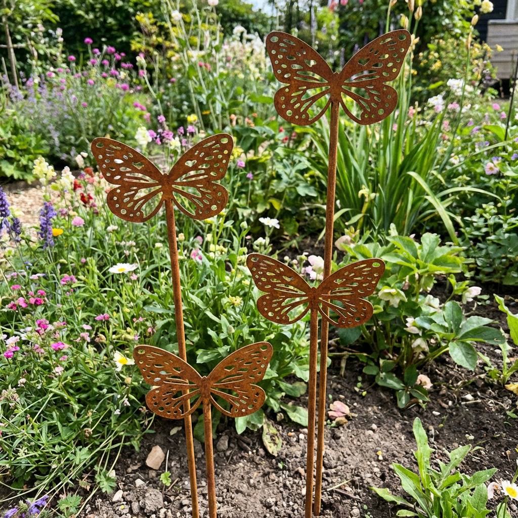 Gartenstecker Schmetterling aus Metall – Gartendekoration in natürlicher Rostoptik