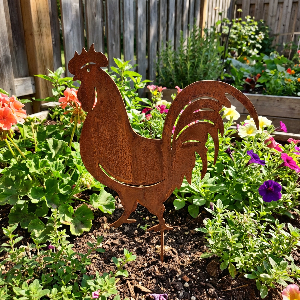 Gartenstecker Hahn aus Metall – Rustikale Gartenfigur in Rostoptik