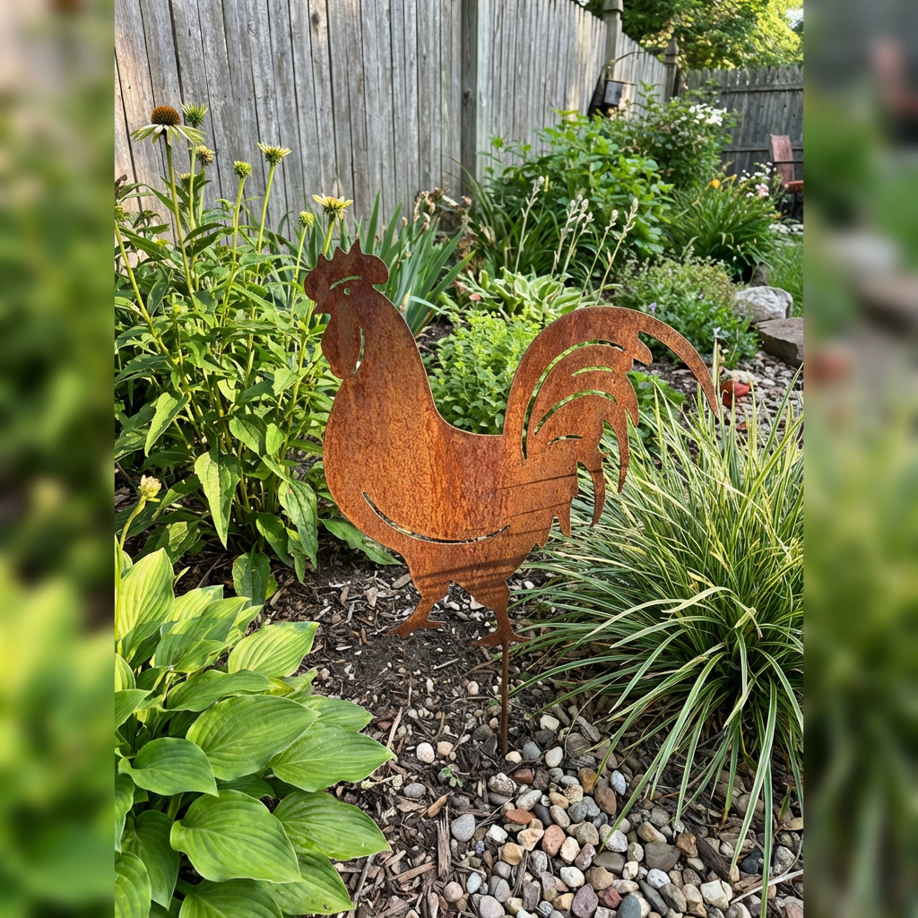 Gartenstecker Hahn aus Metall – Rustikale Gartenfigur in Rostoptik