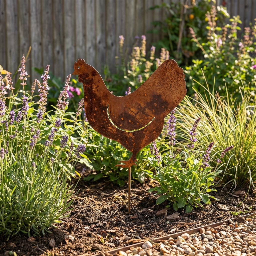 Gartenstecker Huhn aus Metall – Rustikale Gartenfigur in Rostoptik