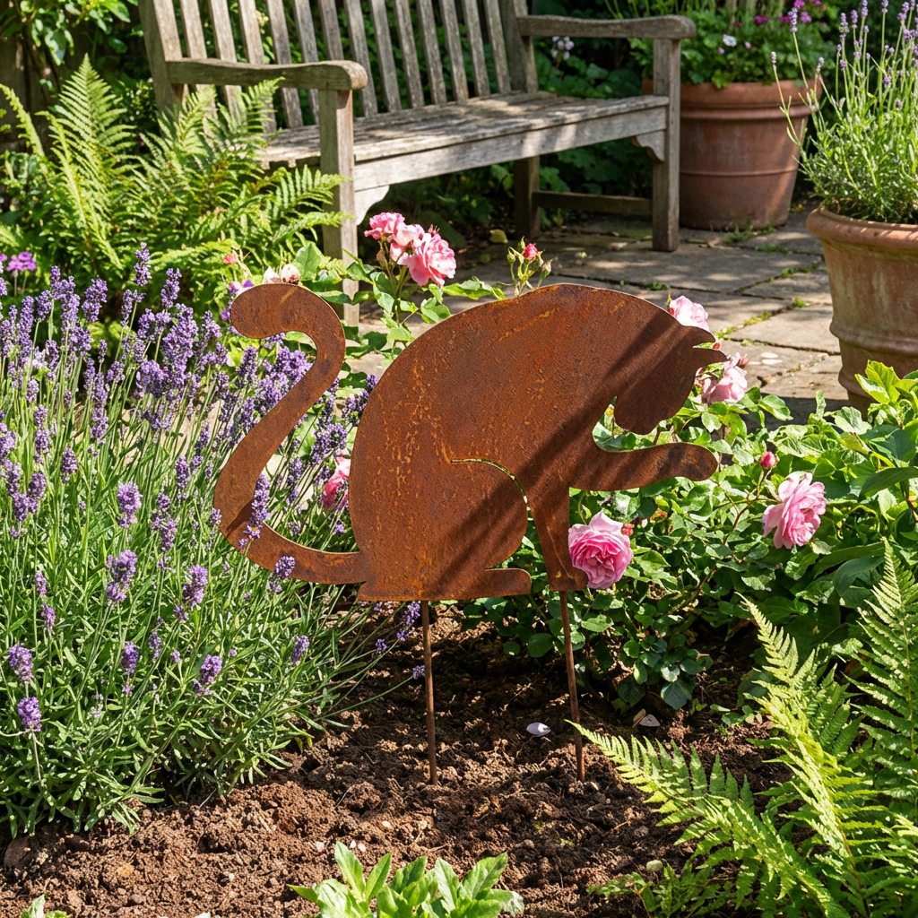 Gartenstecker Katze aus Metall – Rustikale Gartenfigur in Rostoptik