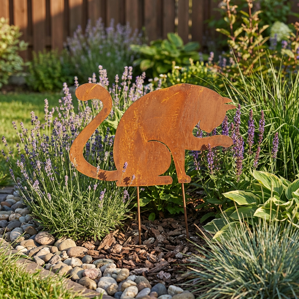 Gartenstecker Katze aus Metall – Rustikale Gartenfigur in Rostoptik