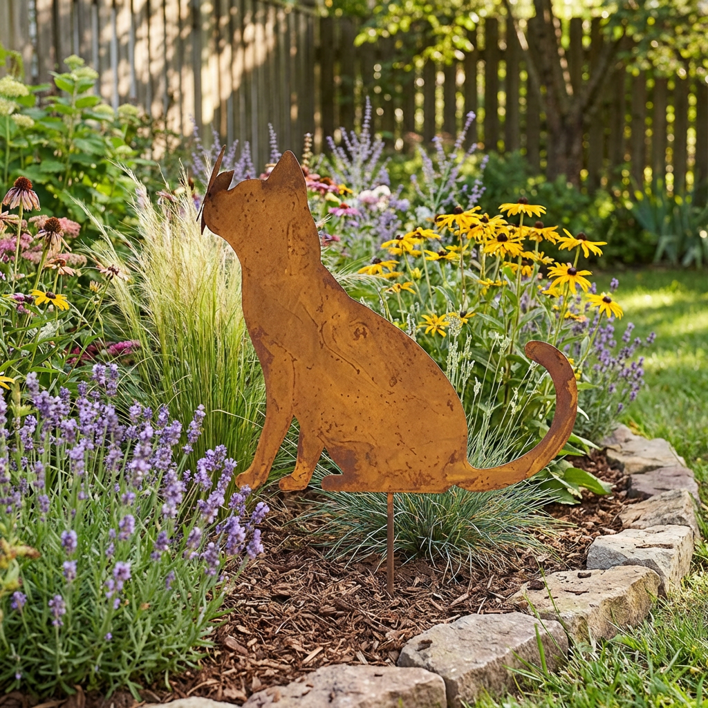 Gartenstecker Katze aus Metall – Gartenfigur in natürlicher Rostoptik