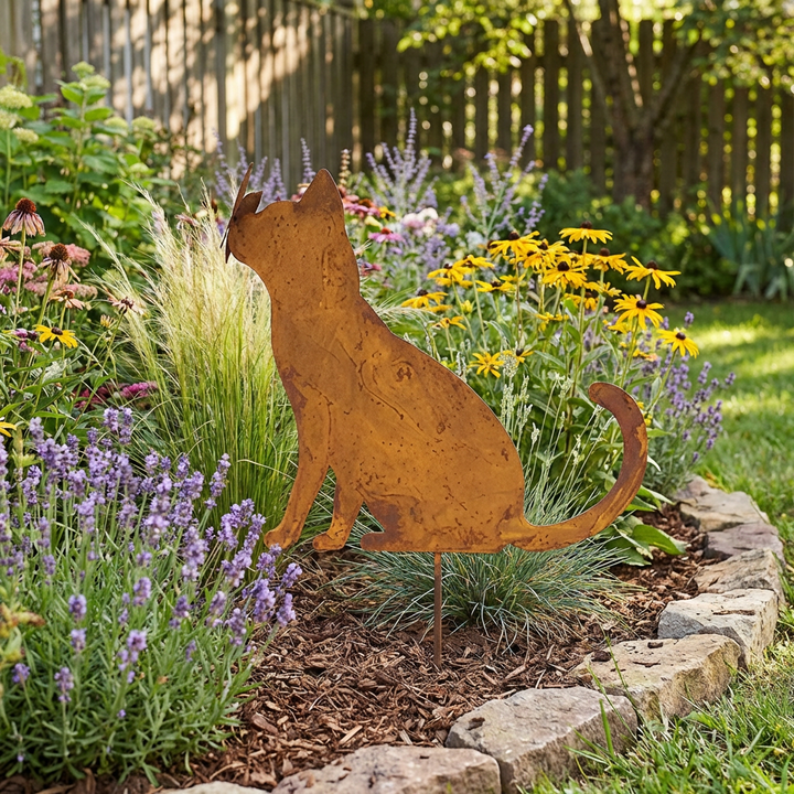 Gartenstecker Katze aus Metall – Gartenfigur in natürlicher Rostoptik