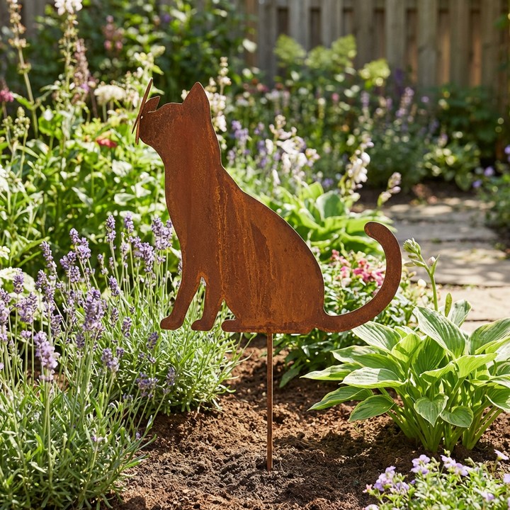 Gartenstecker Katze aus Metall – Gartenfigur in natürlicher Rostoptik