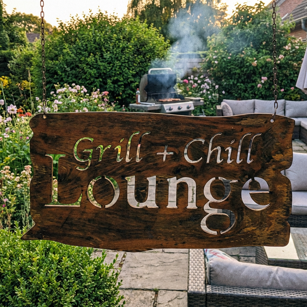 Metall Hängeschild „Grill & Chill“ – Wanddeko in Rostoptik