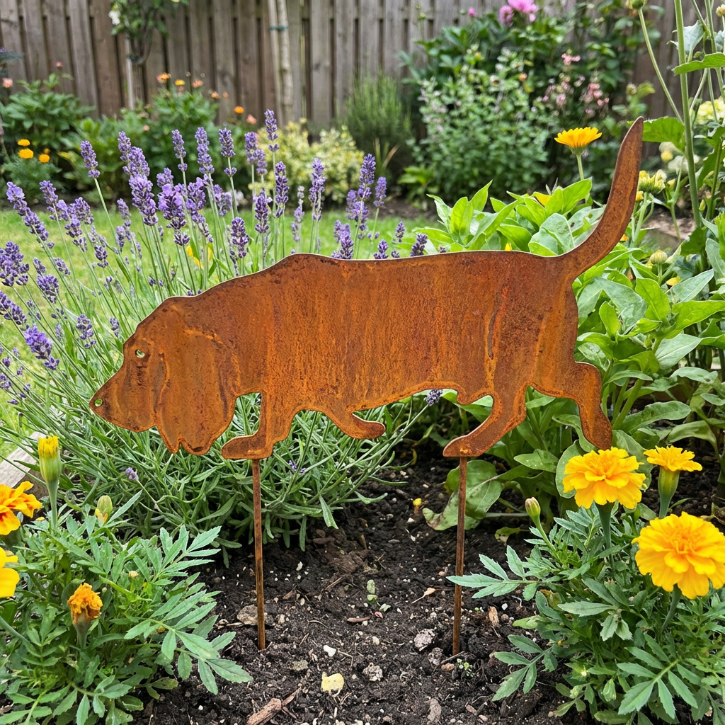 Hund Gartenstecker aus Metall – Gartendeko in Rostoptik