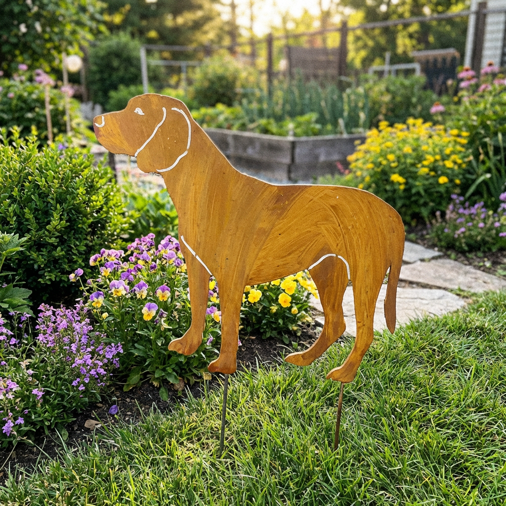 Hund Gartenstecker aus Metall – Gartendeko in Rostoptik