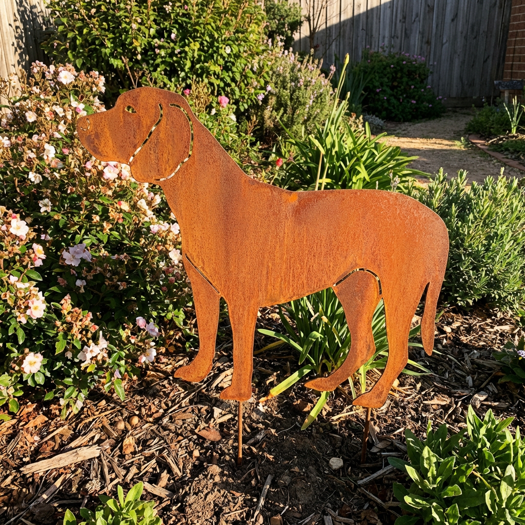 Hund Gartenstecker aus Metall – Gartendeko in Rostoptik