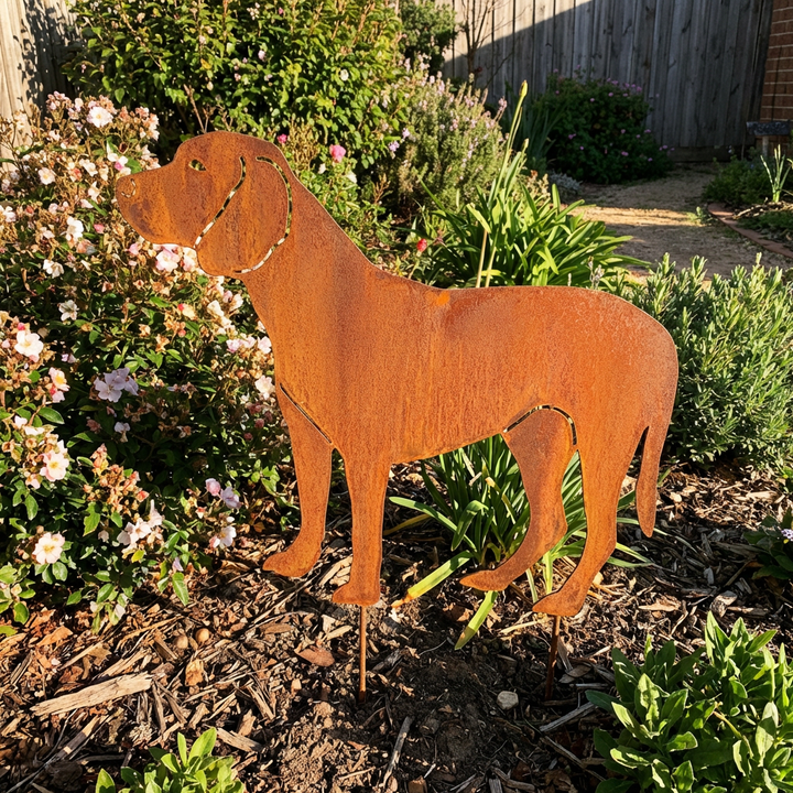 Hund Gartenstecker aus Metall – Gartendeko in Rostoptik