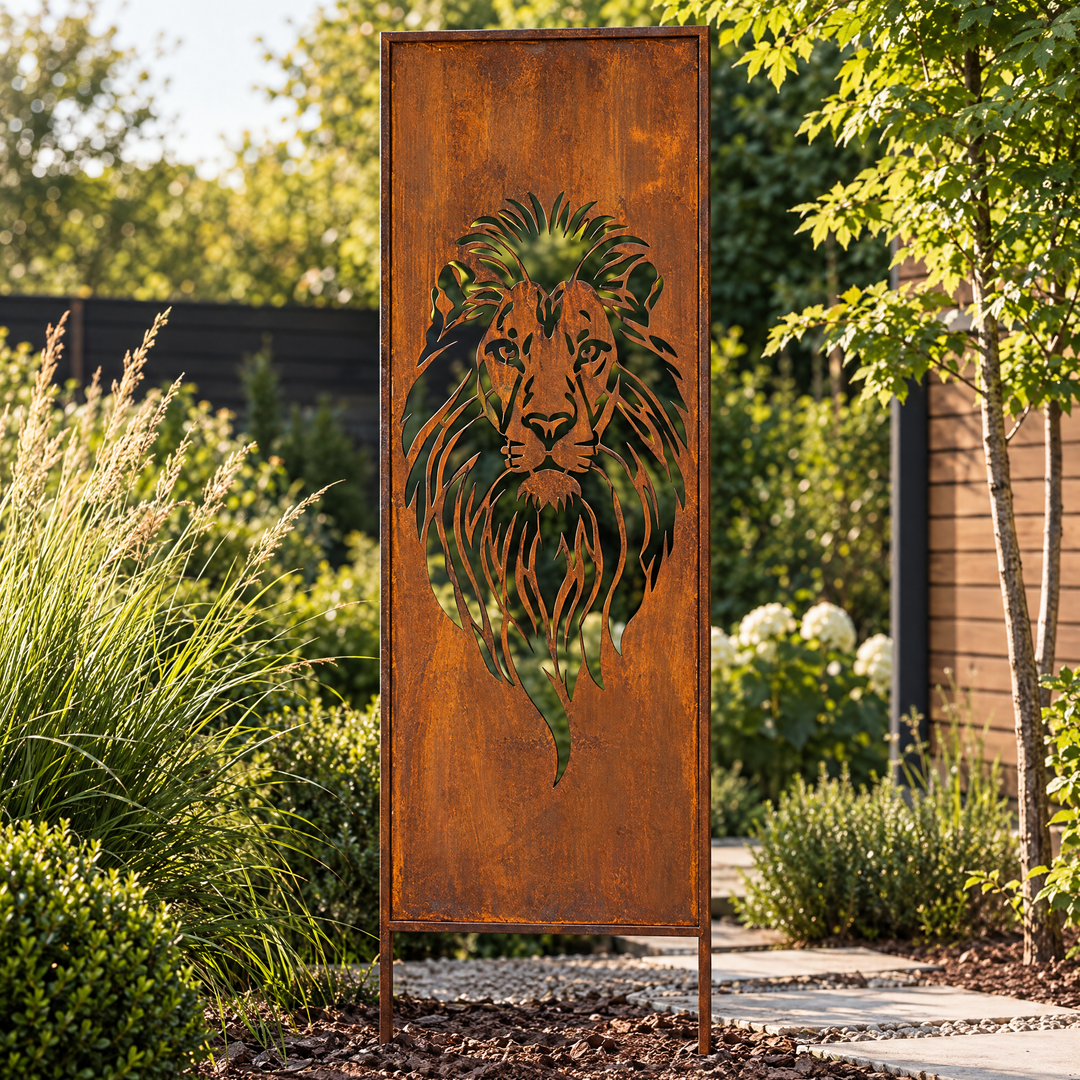 Sichtschutz Gartenpaneel Metall – Motiv Löwe, 160 × 50 cm