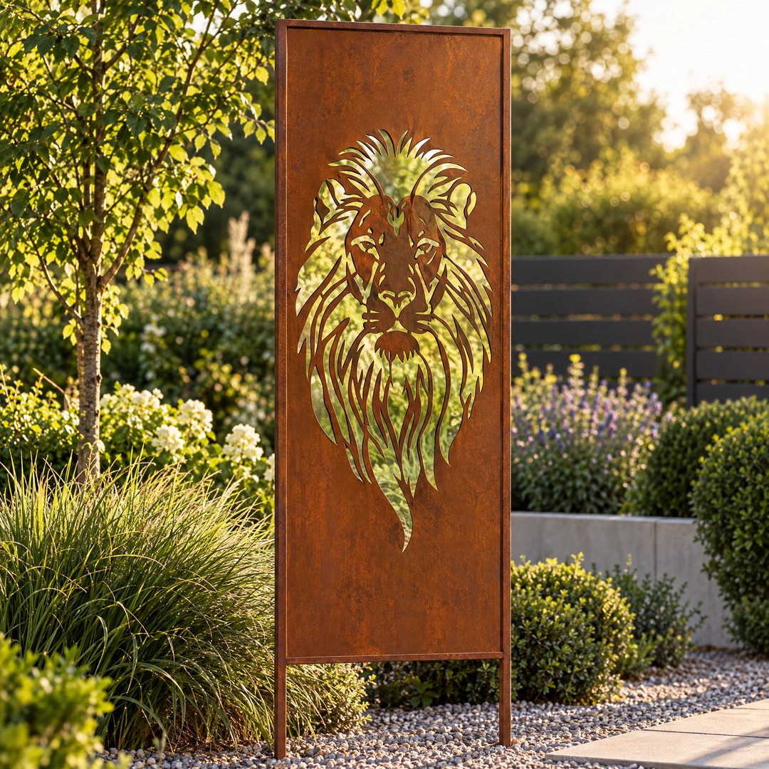 Sichtschutz Gartenpaneel Metall – Motiv Löwe, 160 × 50 cm