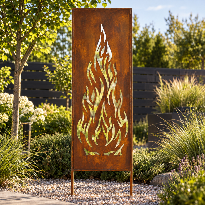 Sichtschutz Gartenpaneel Metall – Motiv Flamme, 160 × 50 cm